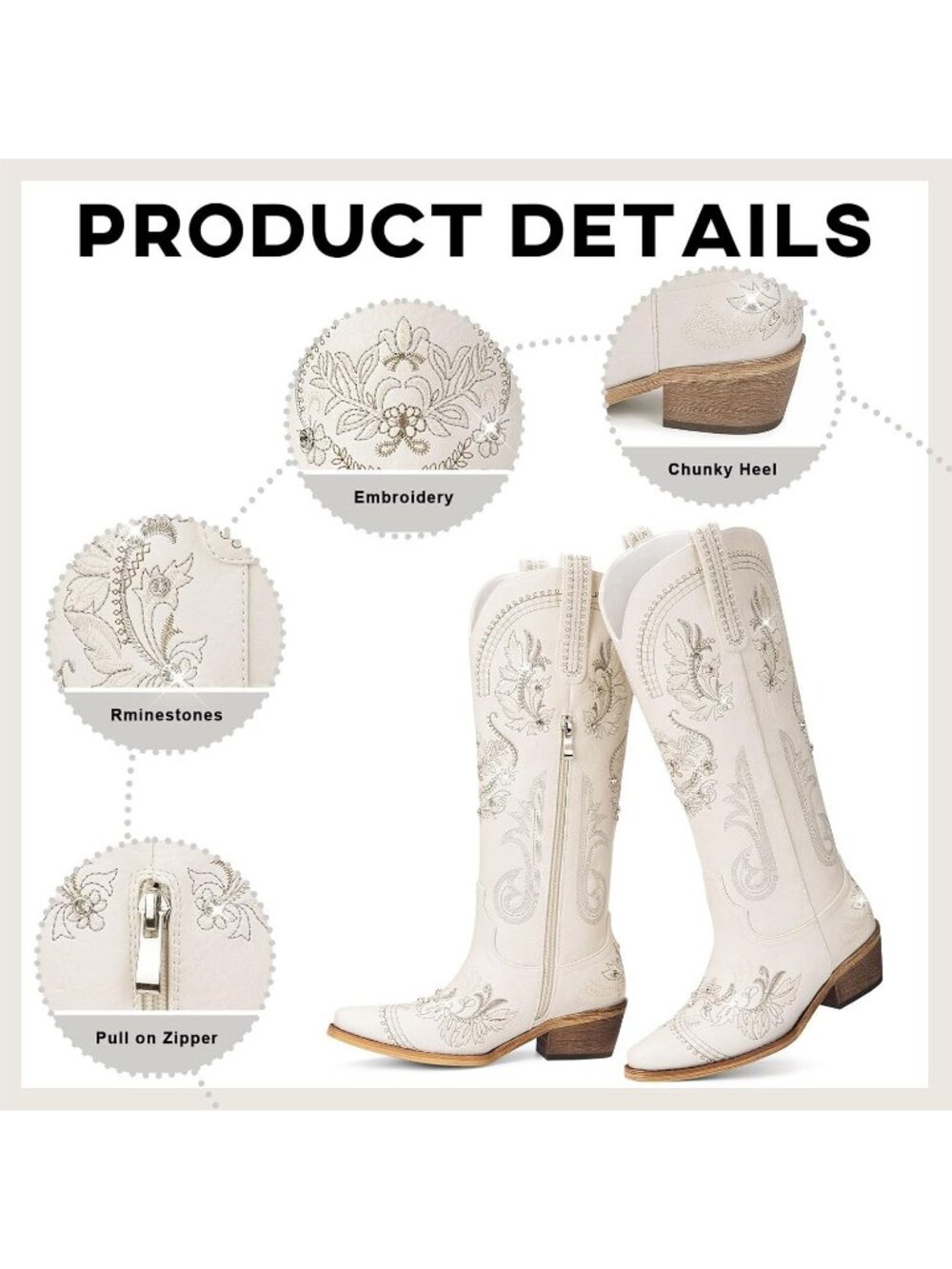 Women's Wide Calf Knee High Sparkly Rhinestone Beige Western Boots Pull On Boots - Picture 3 of 4